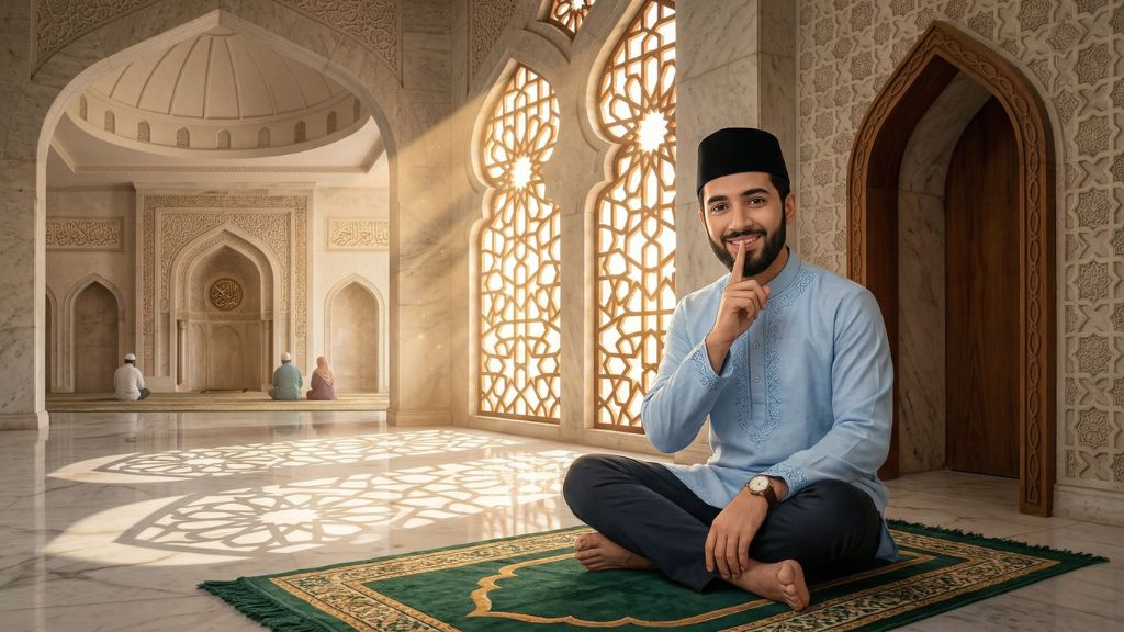 Ilustrasi seorang muslim menutupi lisan dengan jari telunjuk sebagai pengingat hukum menyebar aib orang dalam islam di lingkungan Masjid Quwwatul Islam.