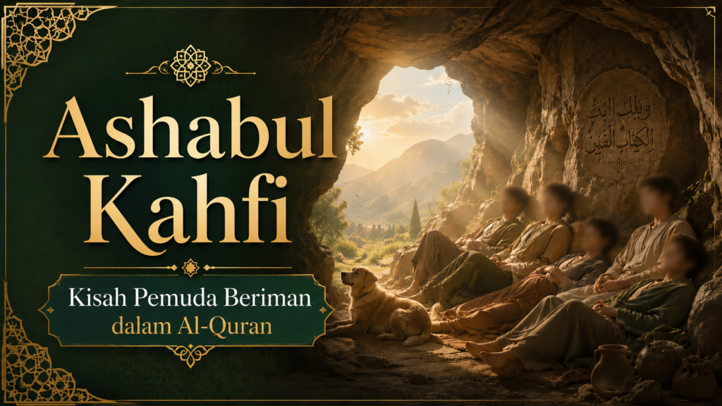 Ilustrasi Ashabul Kahfi pemuda beriman berlindung di dalam gua bersama anjing mereka
