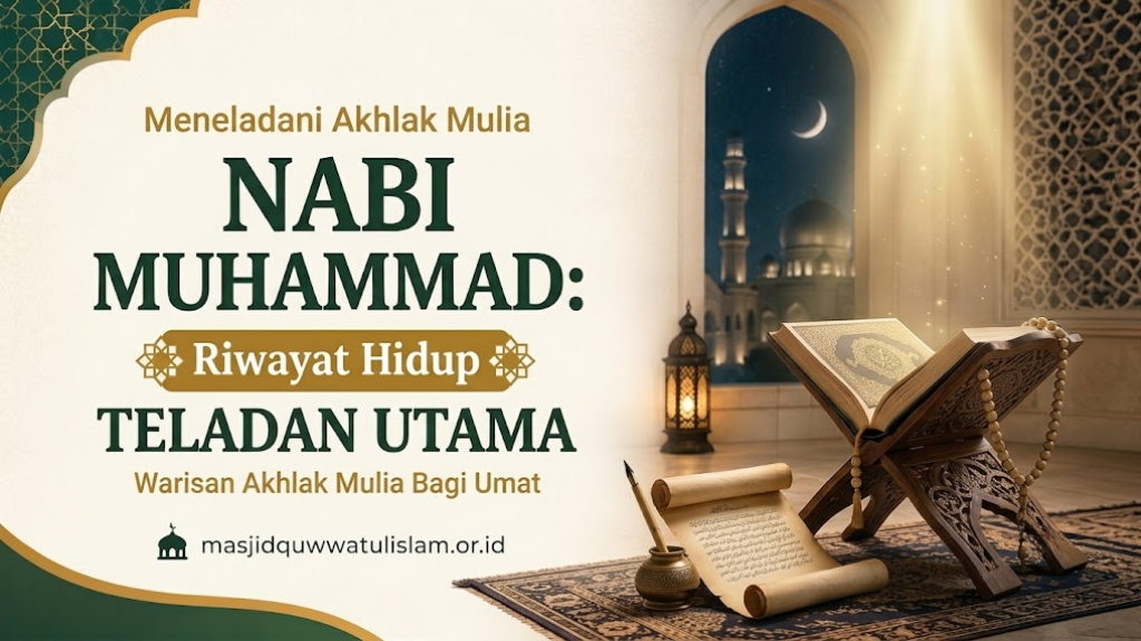 Ilustrasi Al Quran dengan judul artikel tentang Nabi Muhammad di sebelahnya