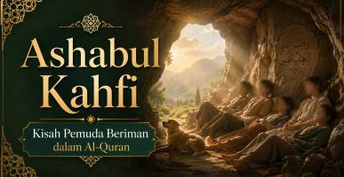 Ilustrasi Ashabul Kahfi pemuda beriman berlindung di dalam gua bersama anjing mereka