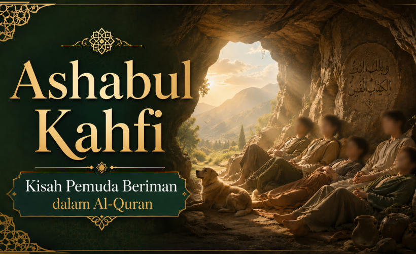 Ilustrasi Ashabul Kahfi pemuda beriman berlindung di dalam gua bersama anjing mereka