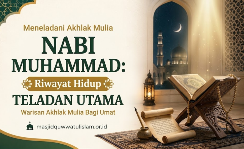 Ilustrasi Al Quran dengan judul artikel tentang Nabi Muhammad di sebelahnya
