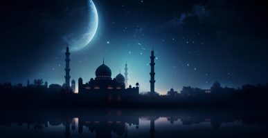 Mosque building architecture at night with moon