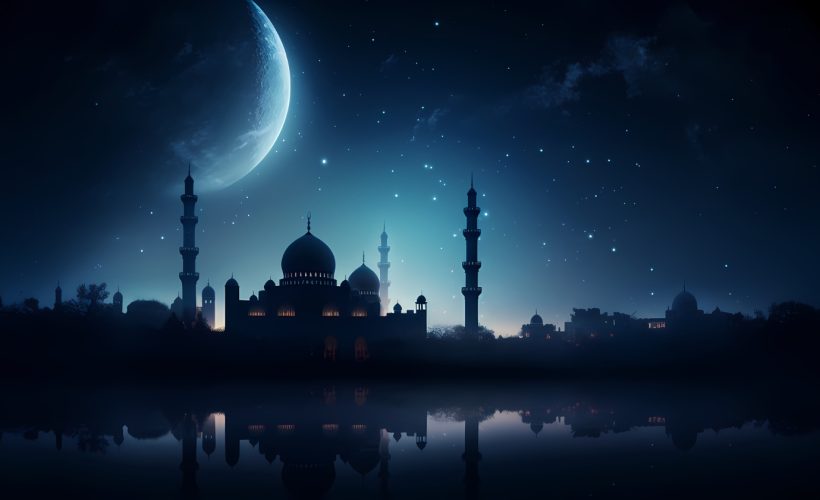Mosque building architecture at night with moon
