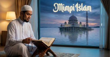 Pria muslim sedang membaca Al Quran dengan kondisi banjir di luar