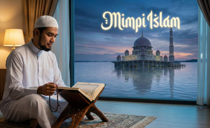 Pria muslim sedang membaca Al Quran dengan kondisi banjir di luar