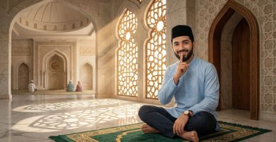 Ilustrasi seorang muslim menutupi lisan dengan jari telunjuk sebagai pengingat hukum menyebar aib orang dalam islam di lingkungan Masjid Quwwatul Islam.