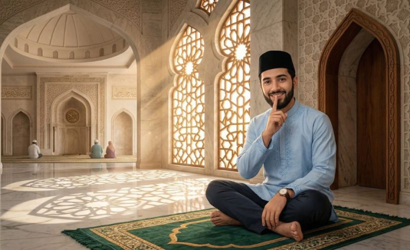 Ilustrasi seorang muslim menutupi lisan dengan jari telunjuk sebagai pengingat hukum menyebar aib orang dalam islam di lingkungan Masjid Quwwatul Islam.